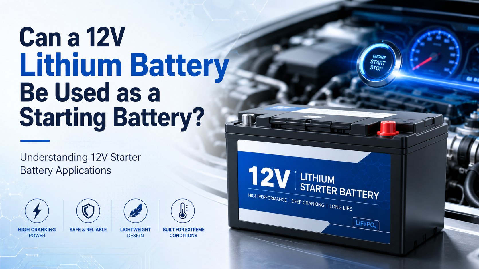 12V starter battery for lithium engine starting applications