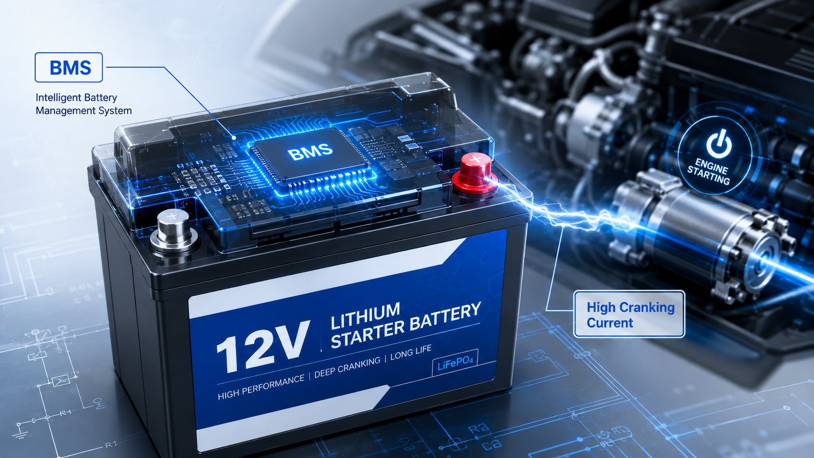 Lithium starter battery BMS supporting high cranking current