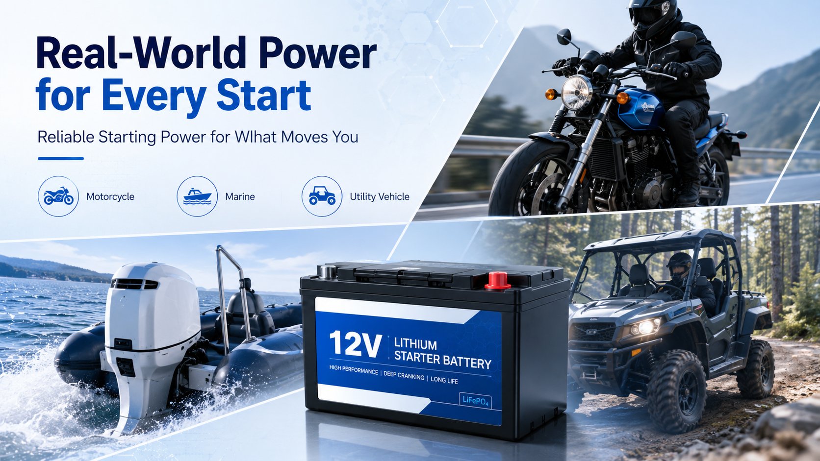Lithium 12V starter battery for motorcycle marine and light vehicle use