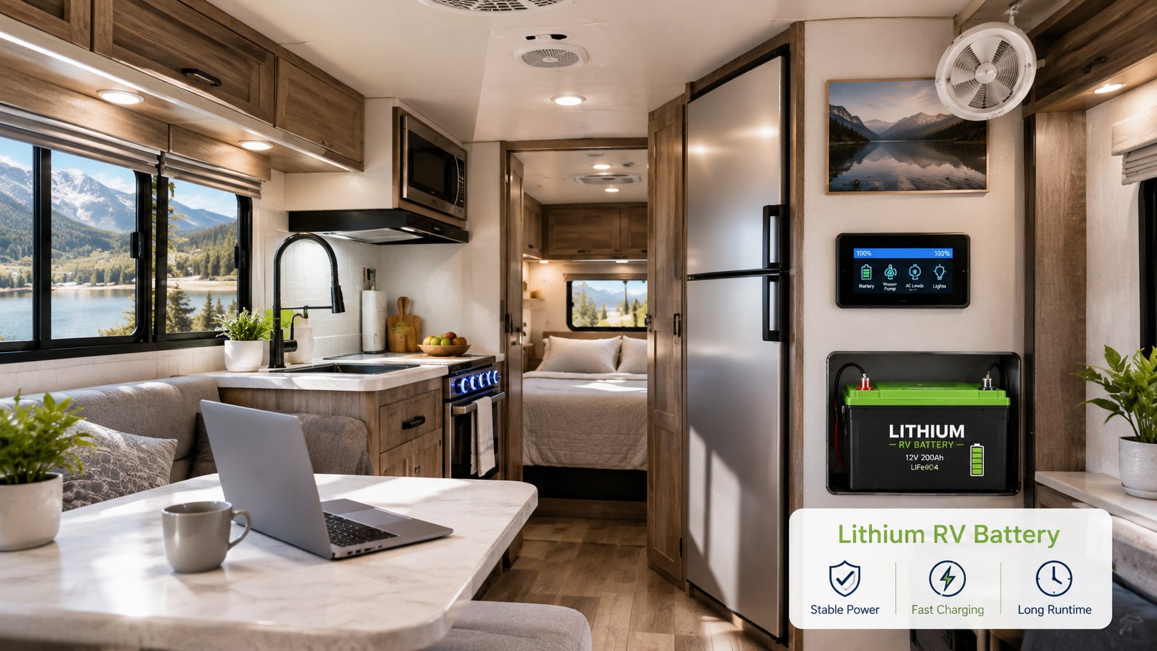 Lithium RV battery powering refrigerator lights fan and laptop