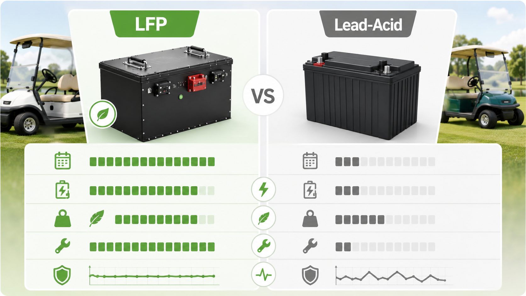 LFP Golf Cart Batteries vs Lead-Acid Batteries