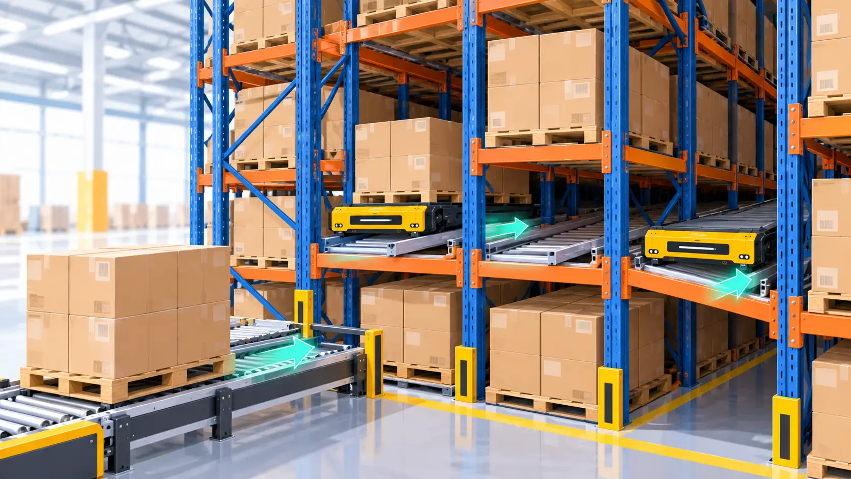 Flujo de baterías para pallet shuttle en estanterías